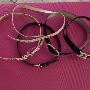 5 Womens Slim Leather Belts - Black, Beige, Leopard Print